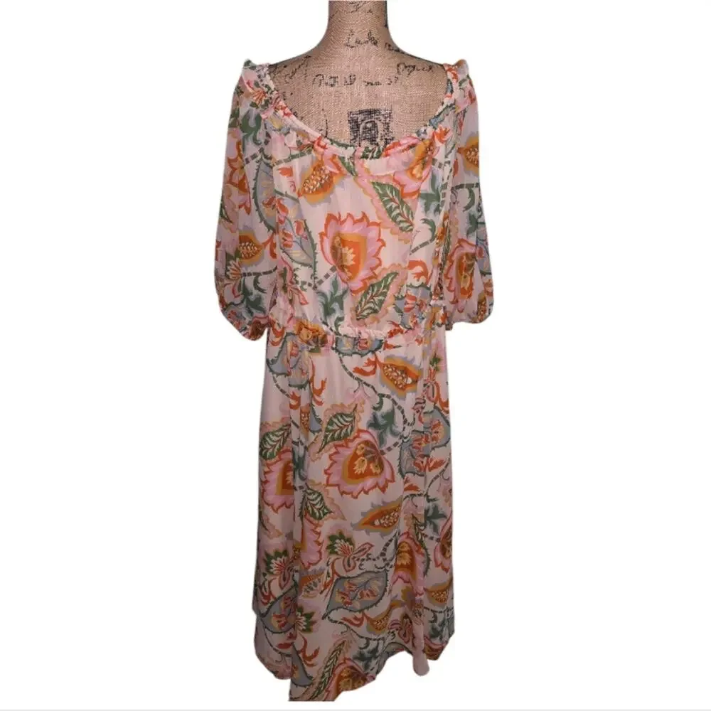 1. State Floral Cream & Orange Floral Boho Peasant Print Women's Midi Dress Plus